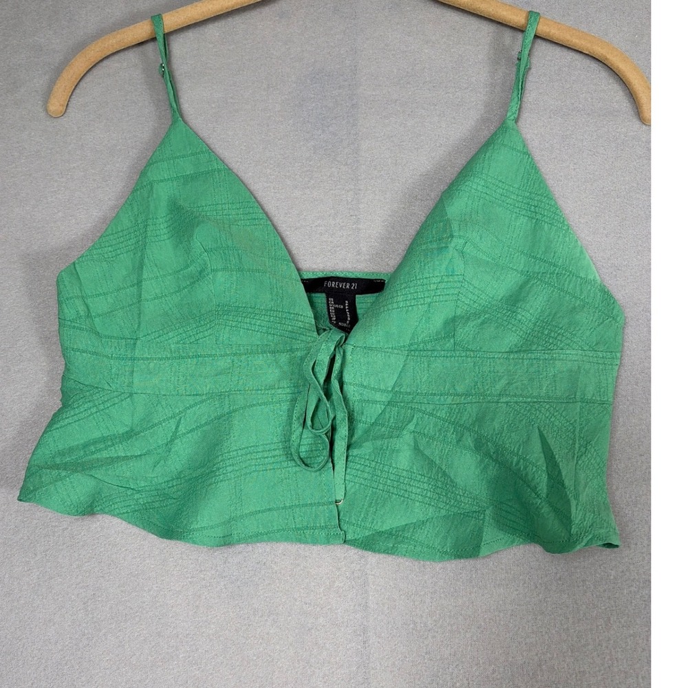 Forever 21 Green Textured Tie Front Crop Top Camisole Small‎ Smocked Back